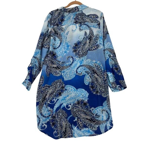 Chico's Duster Blouse Size L Blue White Paisley Button Up Semi Sheer Longline - Picture 7 of 12